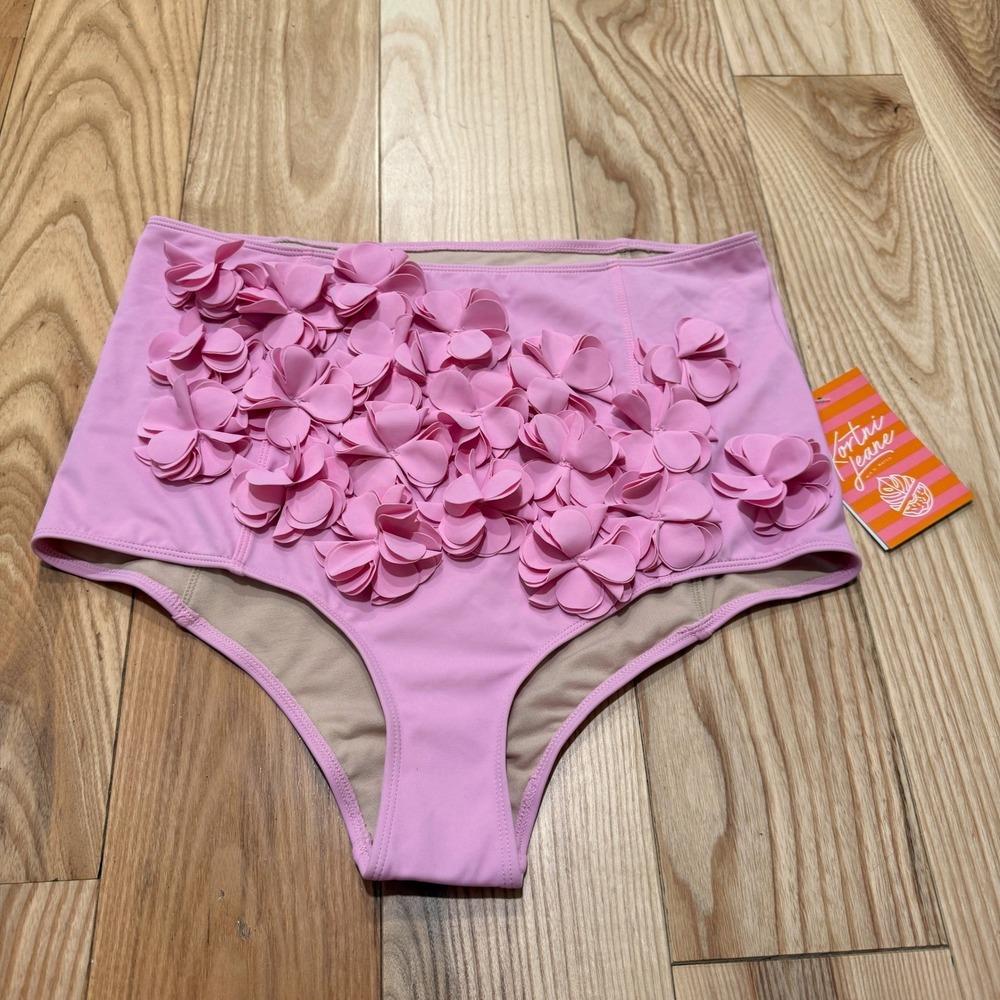 Kortni Jeane 3D Flower High Waisted Swim Bottoms Bubblegum Pink XL NWT